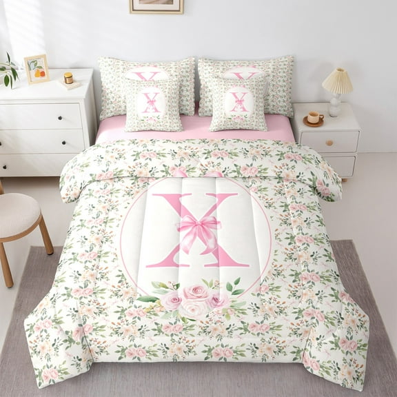 Castle Fairy Personalized Initial Letter X 7-Piece Twin Bedding Sets for Children Women Men,Floral Rose Bow-Tiebedding Comforter Set,Monogrammed Alphabet Breathable Sheet Sets,Breathable Home Decor