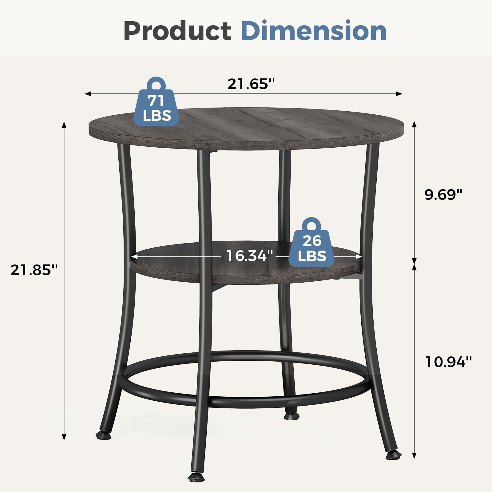 CONCETTA 2-Tier Small Round Side Table, Bedside Nightstand with Sturdy 70lbs Top Capacity, End Table for Living Room, Bed Room & Small Spaces,Gray