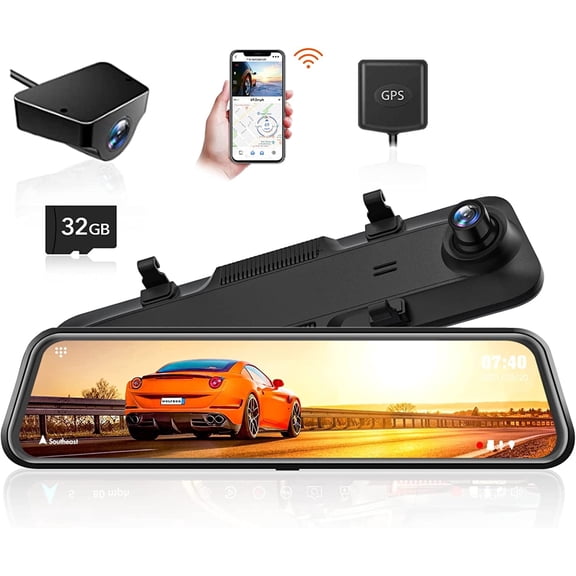 WolfBox Rear View Mirror Dash Cam, 2.5K Front   1080P Rear Camera, 12'' Screen Mirror Car Dash Cam with Night Vision, Built-in Wi-Fi & GPS, 24H Parking Monitor, Free 32GB Card