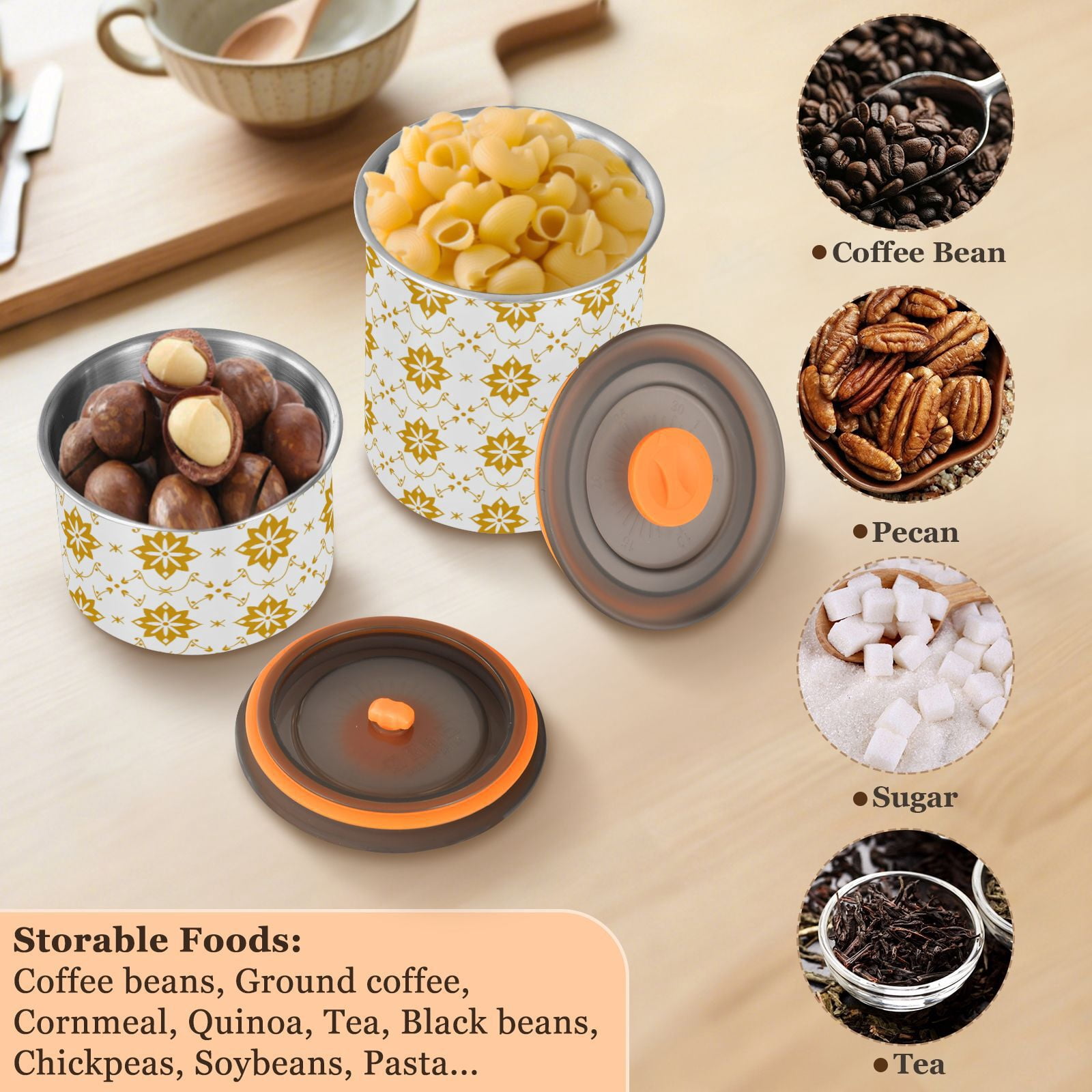 Gold Geometric Flowers Floral Airtight Coffee Bean Canister 30oz Food Storage Containers with Lids For Gournd, Tea, Sugar, Flour, Rice, Cereal, Candy Cookie Jar