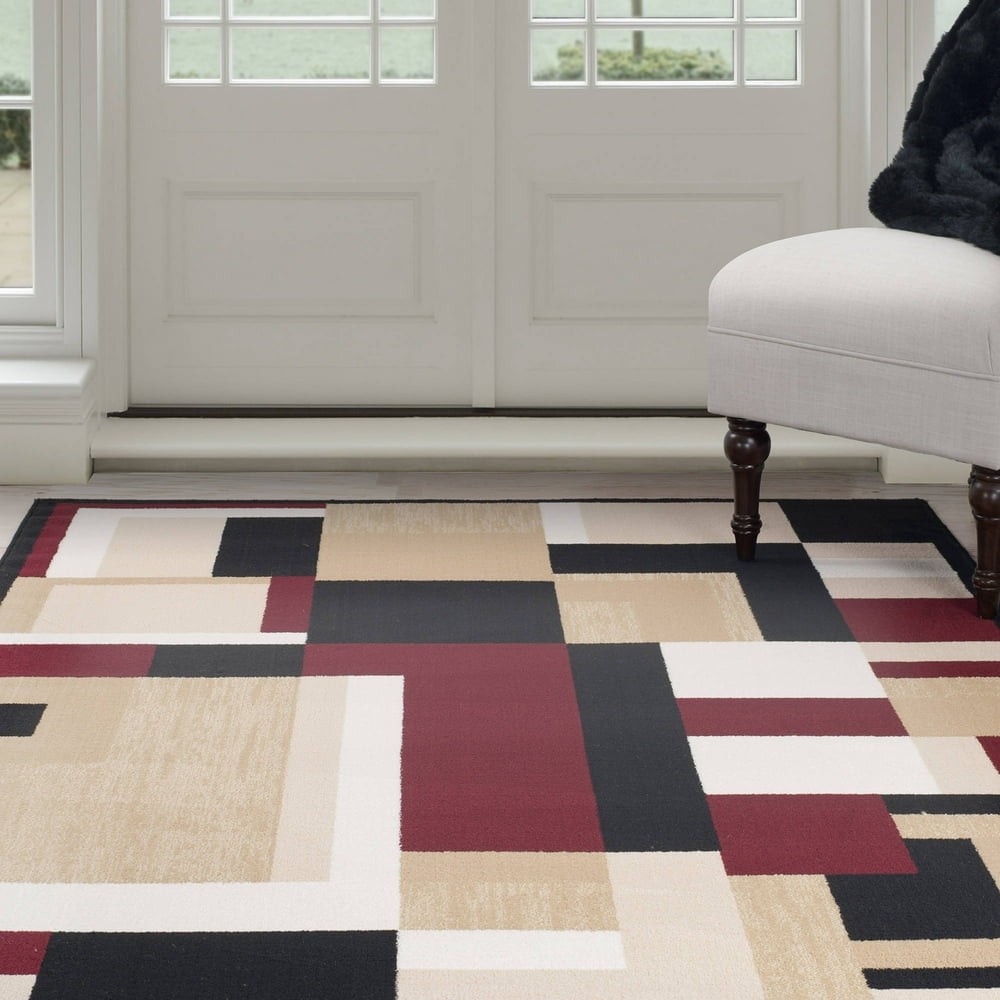 Somerset Home Modern Block Area Rug, Black and Red