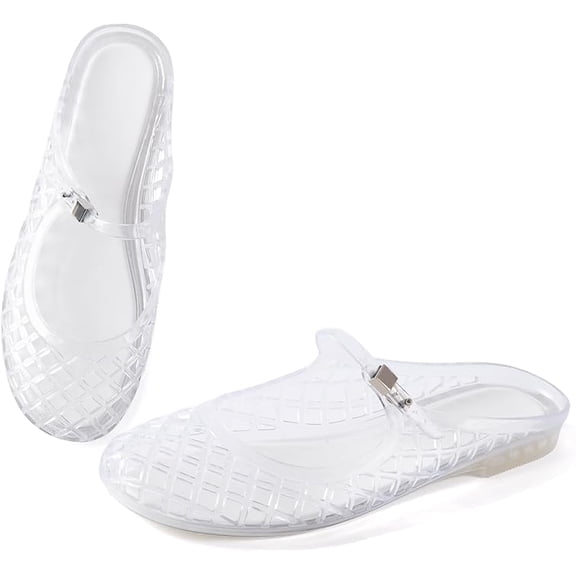 Women's Jelly Mesh Mule Sandals, Breathable Hollow Out Flat Shoes, Mary Jane Style Closed Toe Slides, Waterproof Summer Beach Shoes for Women