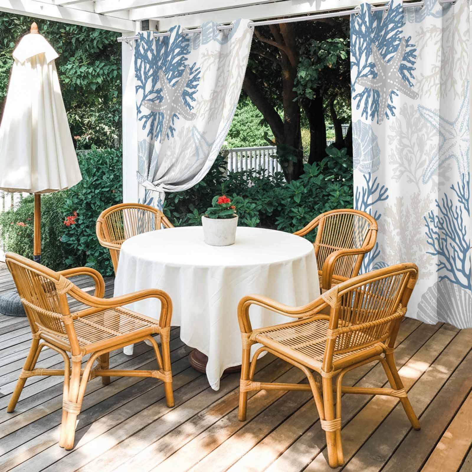 Summer Marine Life Outdoor Curtains for Patio, Graffiti Corals Gray Shell Sea Conch Starfish Sunshade Privacy Drapes Grommet Waterproof Outside Curtains for Porch/Cabana/Balcony 54"x 108", 1 Panel