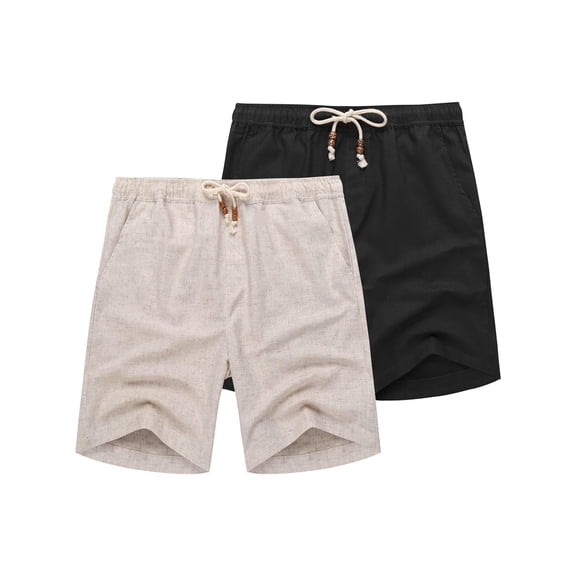 COOFANDY Men's Linen Shorts Classic Fit Summer Casual Beach Shorts 2 Packs