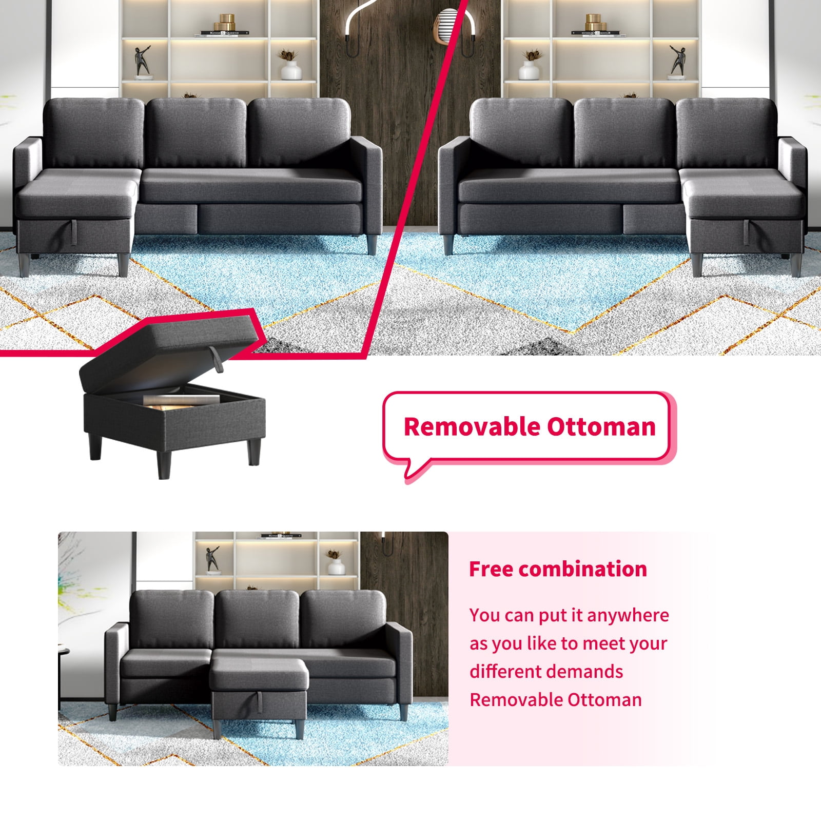 MUZZ Sectional Sofa Couches Set for Living Room (3-Seat Sectional Sofa&Loveseat Sofa/Dark Grey)