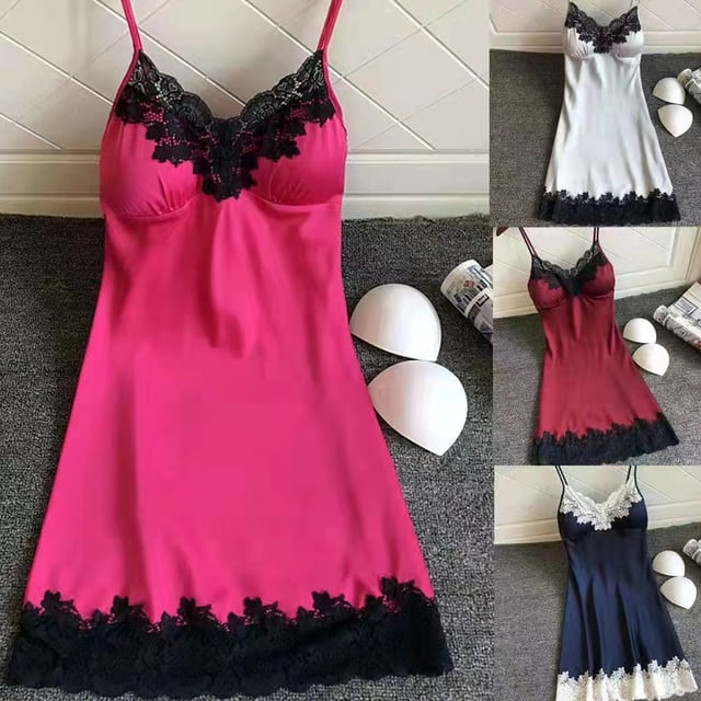 Pijama sexy de talla grande para mujer, camisón con tirantes finos con almohadilla para el pecho y borde de encaje, tentación sexy para usar en casa