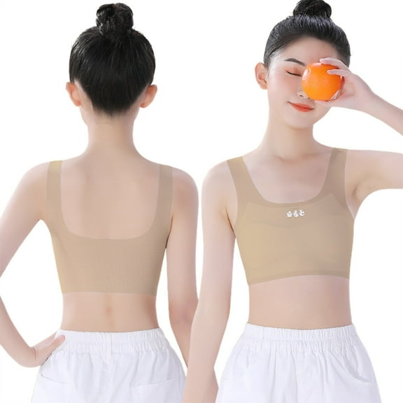 CUZIBR Girls Underwear Bras Cute Cartoon Pattern Scoop Neck Wide Strap Comfortable Flexible Children'S Camisole Seamless Solid Color Soft Cozy Sports Cami Bralettes ,Beige2,12-14 Years