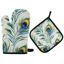 Yayeee Oven Mitts and Pot Holder Set of 2 Heat Resistant Kitchen Gloves Baking Hot Pad, Peacock Feather