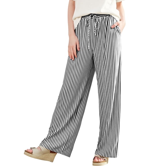 ClodeEU Women's Striped Elastic Waist Wide Leg Pants,Casual Loose Fit Lounge Pants with Pockets Black,Women's Plus L