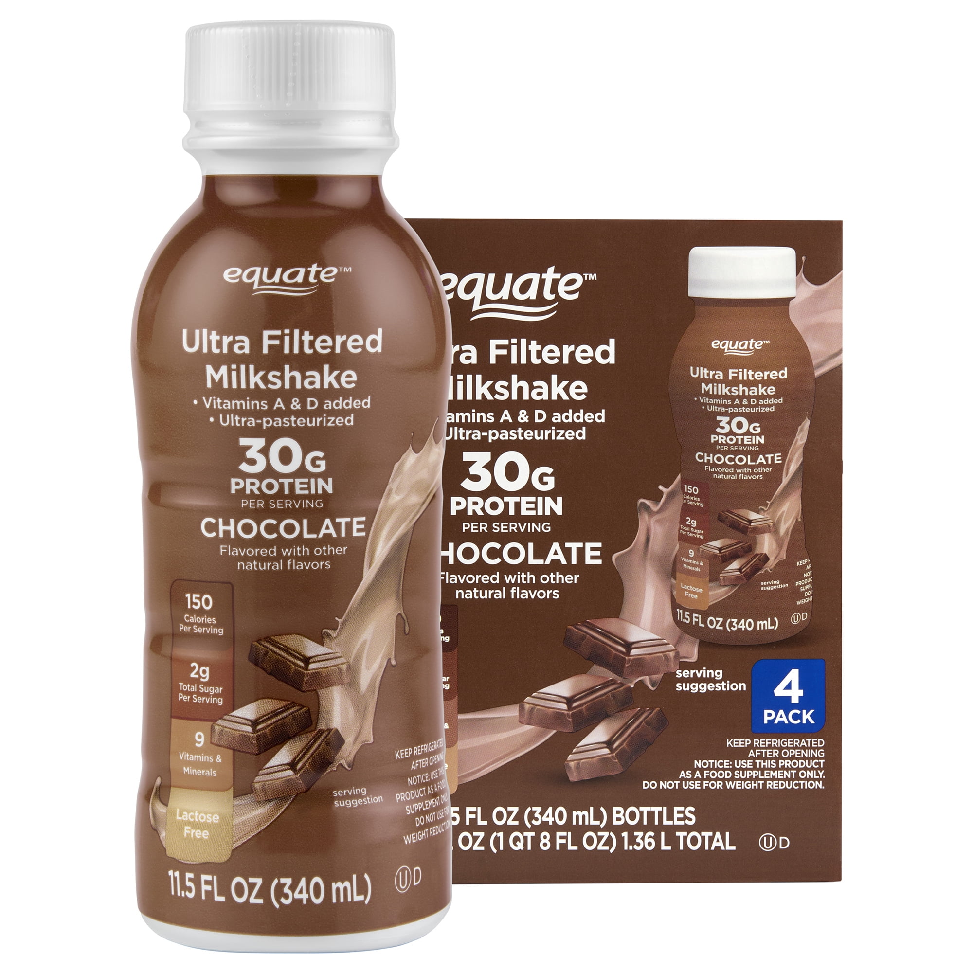 Equate Ultra-Filtered Protein Milkshake, Chocolate, 11.5 fl oz, 4 Count