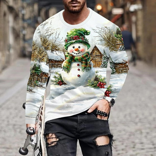 Blusas y camisas de manga larga con cuello redondo para hombre, estilo casual, cuello redondo, manga larga, camiseta con estampado navideño, blusa de poliéster para hombre.