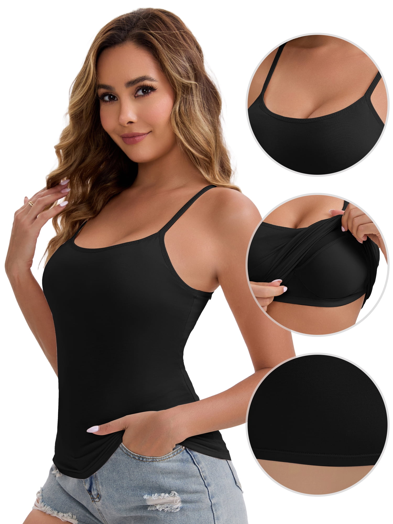 DARING DIVA Women's Padded Tank Top Round Neck Casual Camisole L 2 Black
