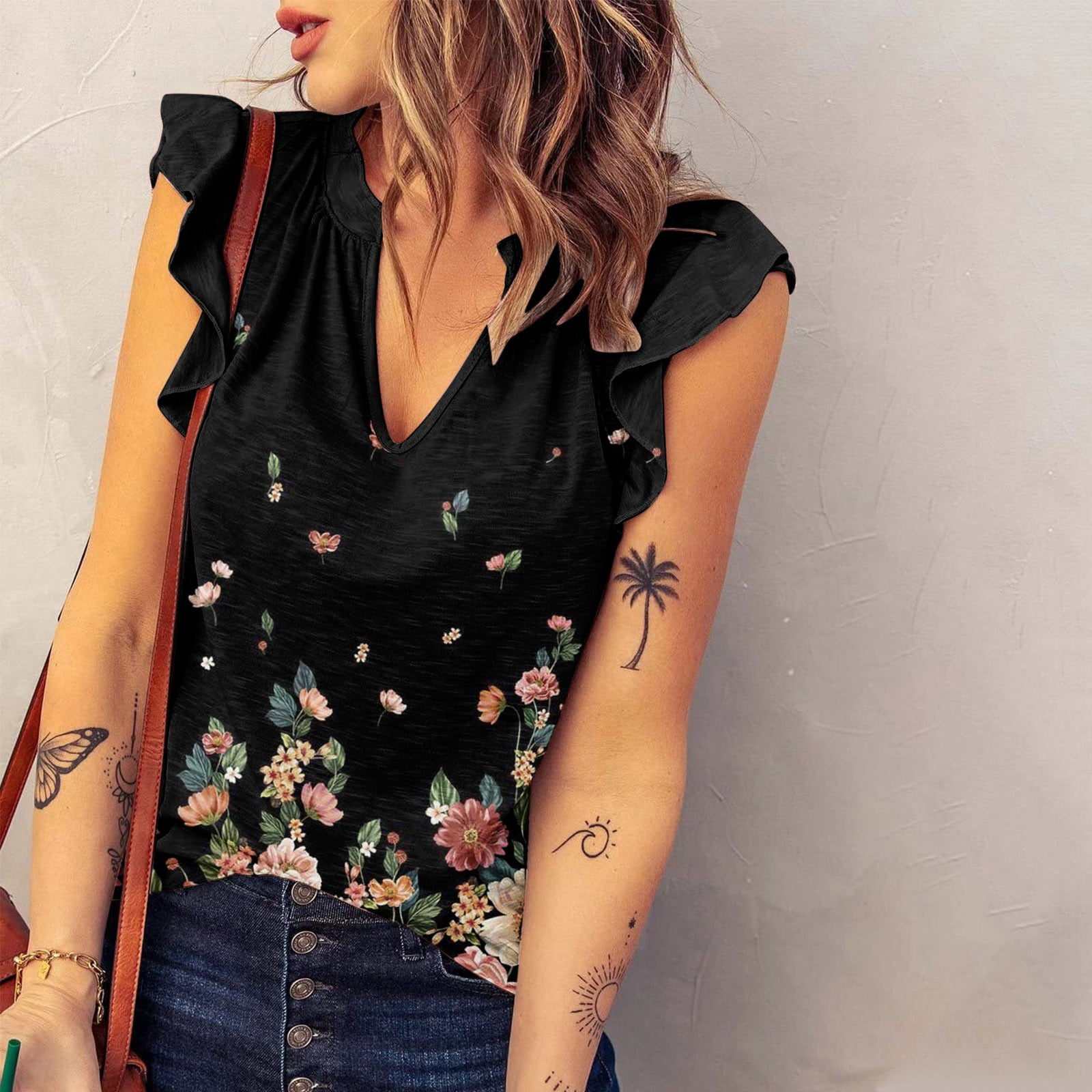 V-Neck Printing Casual Top Blouse 
