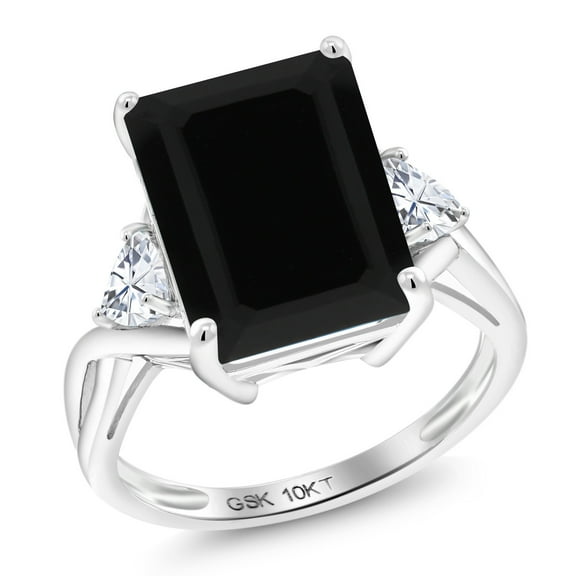 Gem Stone King 10K White Gold Black Onyx and White Moissanite 3 Stone Engagement Ring for Women (7.06 Cttw, Emerald Cut 14X10MM, Trillion 4MM, Size 9)
