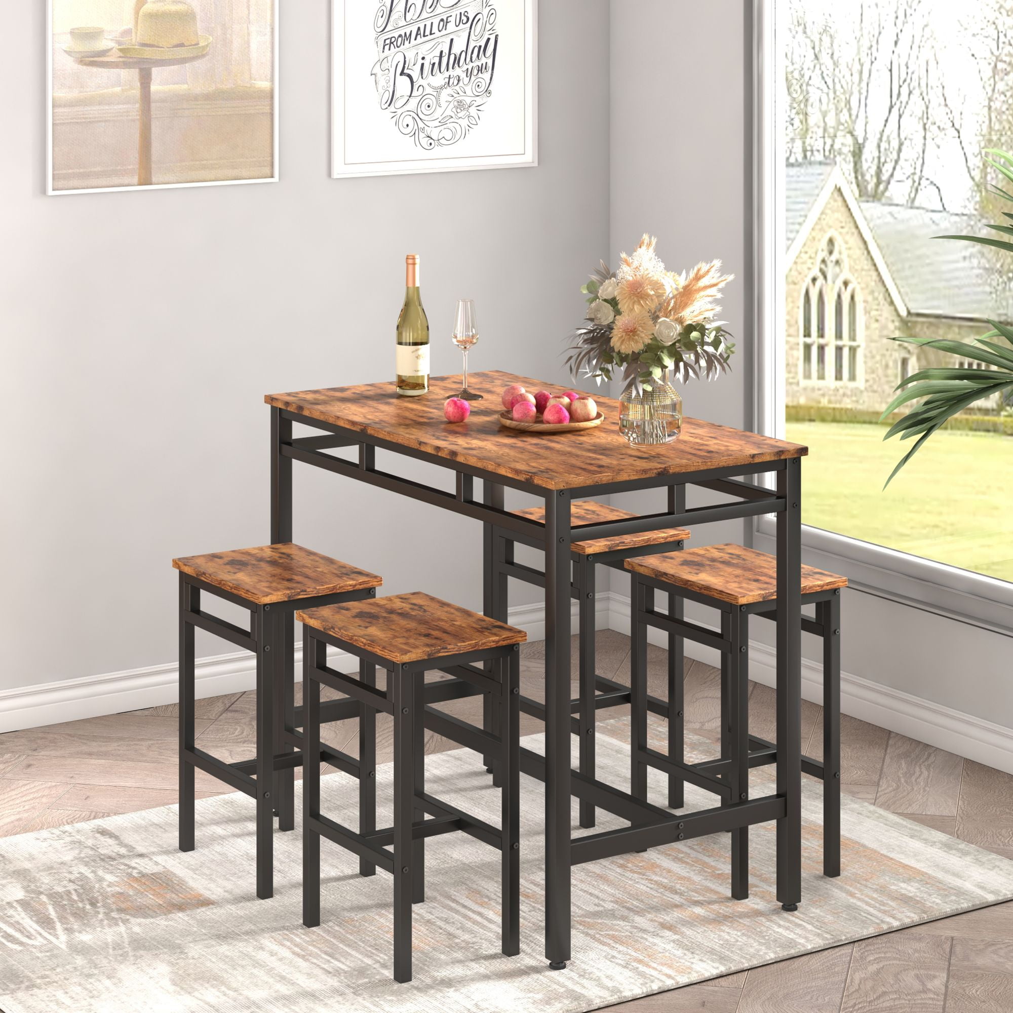 Aukfa 5-Piece Counter Height Dining Set, Bistro Pub Table Set with 4 Stools for Small Space, Rustic Brown
