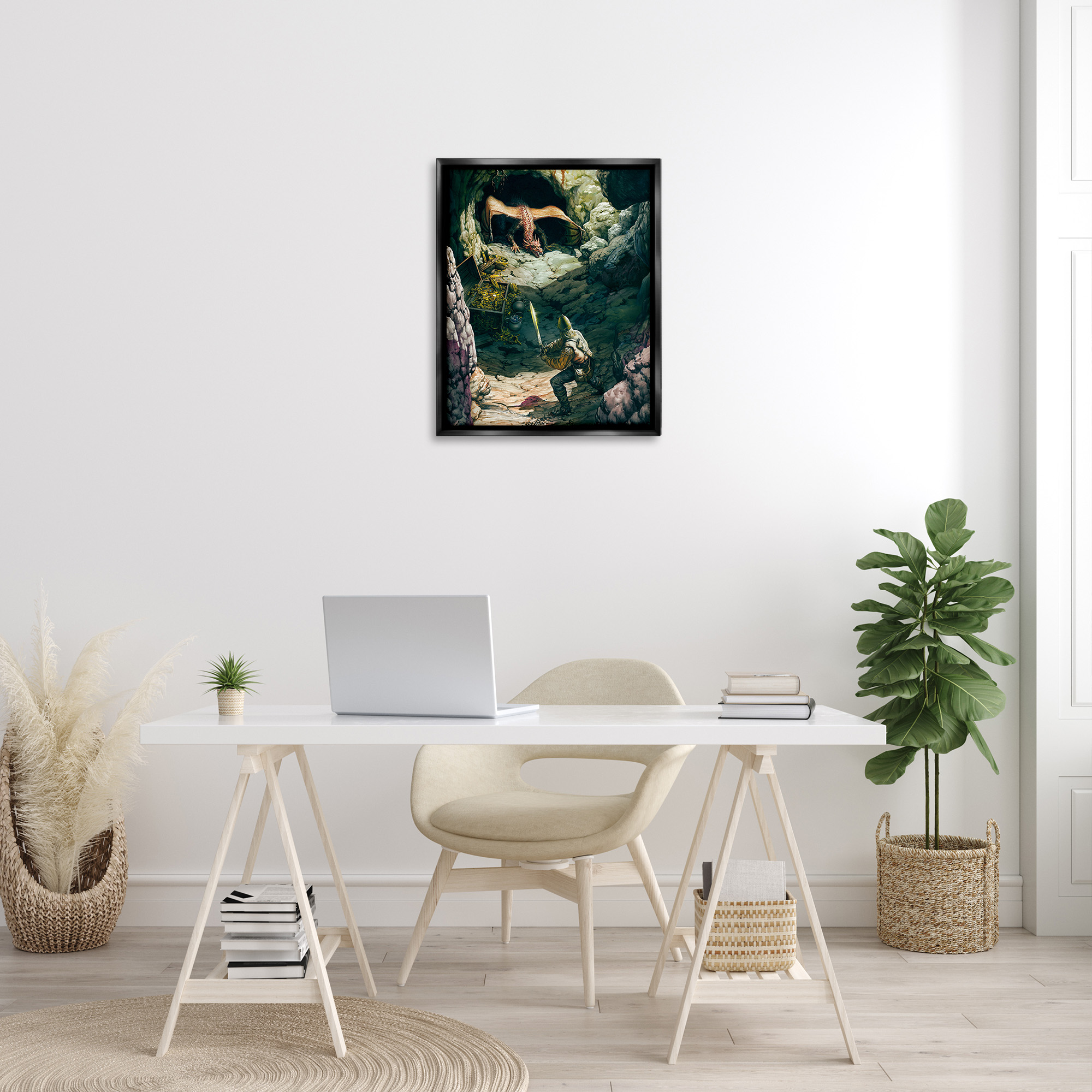 Stupell Industries Dragon & Knight Battle Fairy Tales & Fantasy Painting Black Floater Framed Canvas Art Print Wall Art, 25 x 31