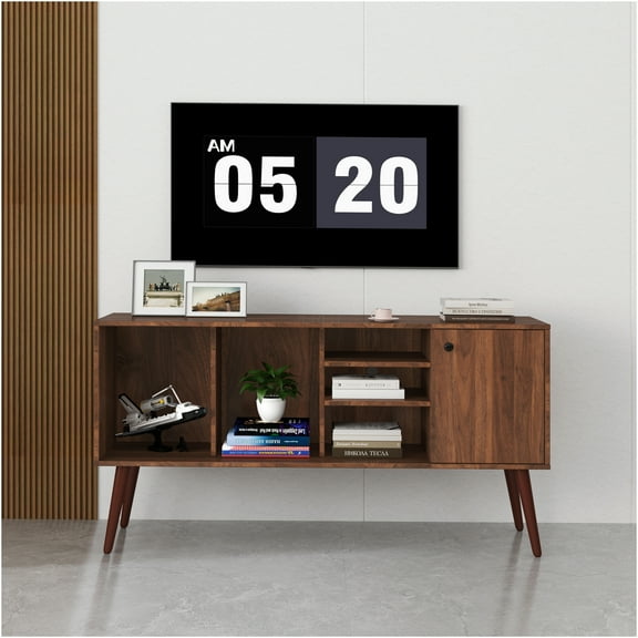 JERFIT 53 inch Modern TV Stand for Living Room with Storage Cabinet & Open Shelves, Walnut Finish