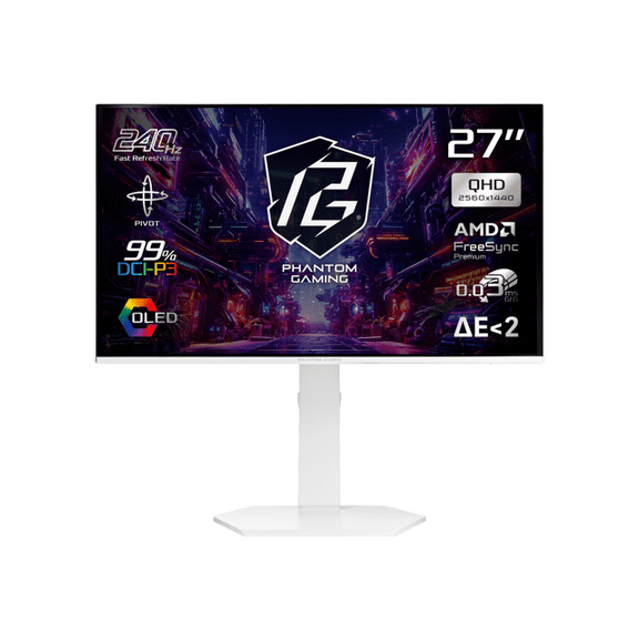 ASRock Phantom Gaming 27 inch QHD 2K 1440P 240Hz AMD FreeSync Premium 0.03ms HDR10 OLED White Gaming Computer Monitor with Height Adjustable, Swivel, Pivot & Tilt Stand PGO27QSA-W