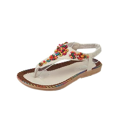 

Womens Flats Sandals Summer Gladiator Bohemian Beaded Dress Shoes Comfortable Open Toe Sandals Elastic Ankle Strap Slip On Sandals Beige 7.5