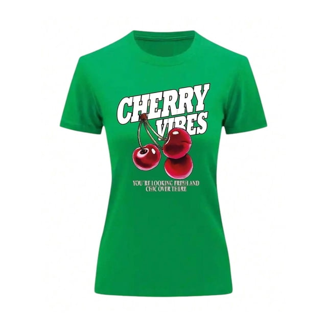 Playera Blusa De Cerezas Cherry Vibes Ropa Para Mujer Color Verde Talla Chica Marca Emil SaEs