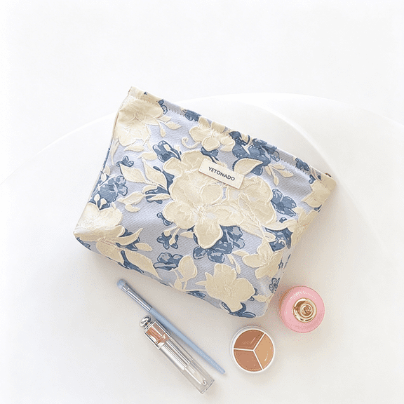 DUAIU Aesthetic Makeup Bag, Large Capacity Cosmetic Bag Canvas Floral Makeup Bag, Travel Pouch Make Up Purse Toiletry Storge Bag for Women (Blue Beige Flower)