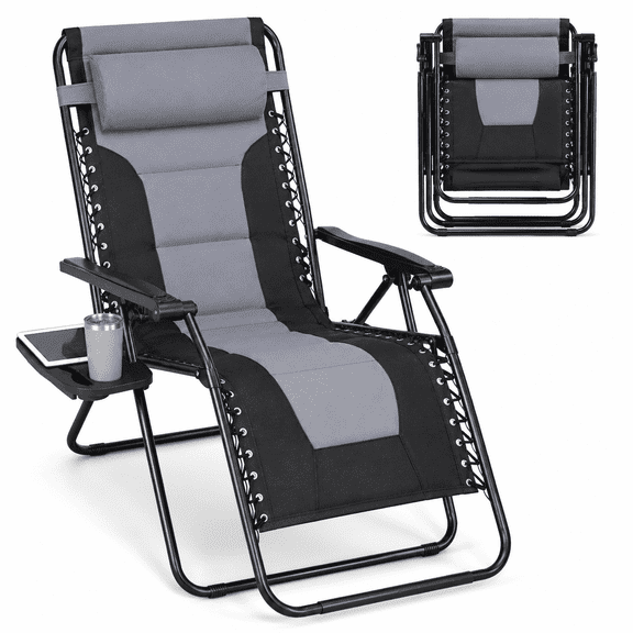 Tunmod Folding Zero Gravity Chair, Heavy-Duty Padded Design with Cup Holder Tray and Adjustable Headrest for Patio, Poolside and Camping