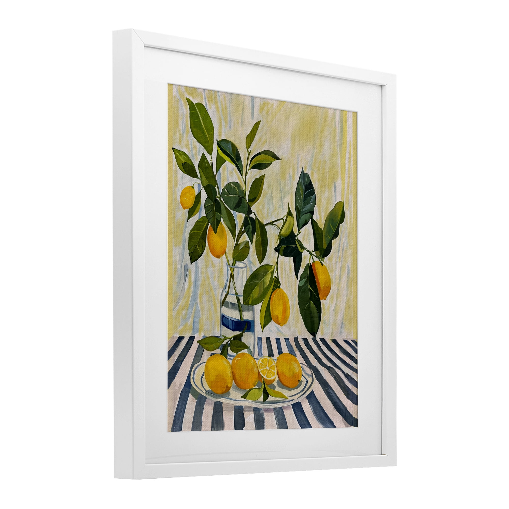 Stupell Industries Lemons on Striped Tablecloth White Framed Print Under Glass, design by Yen