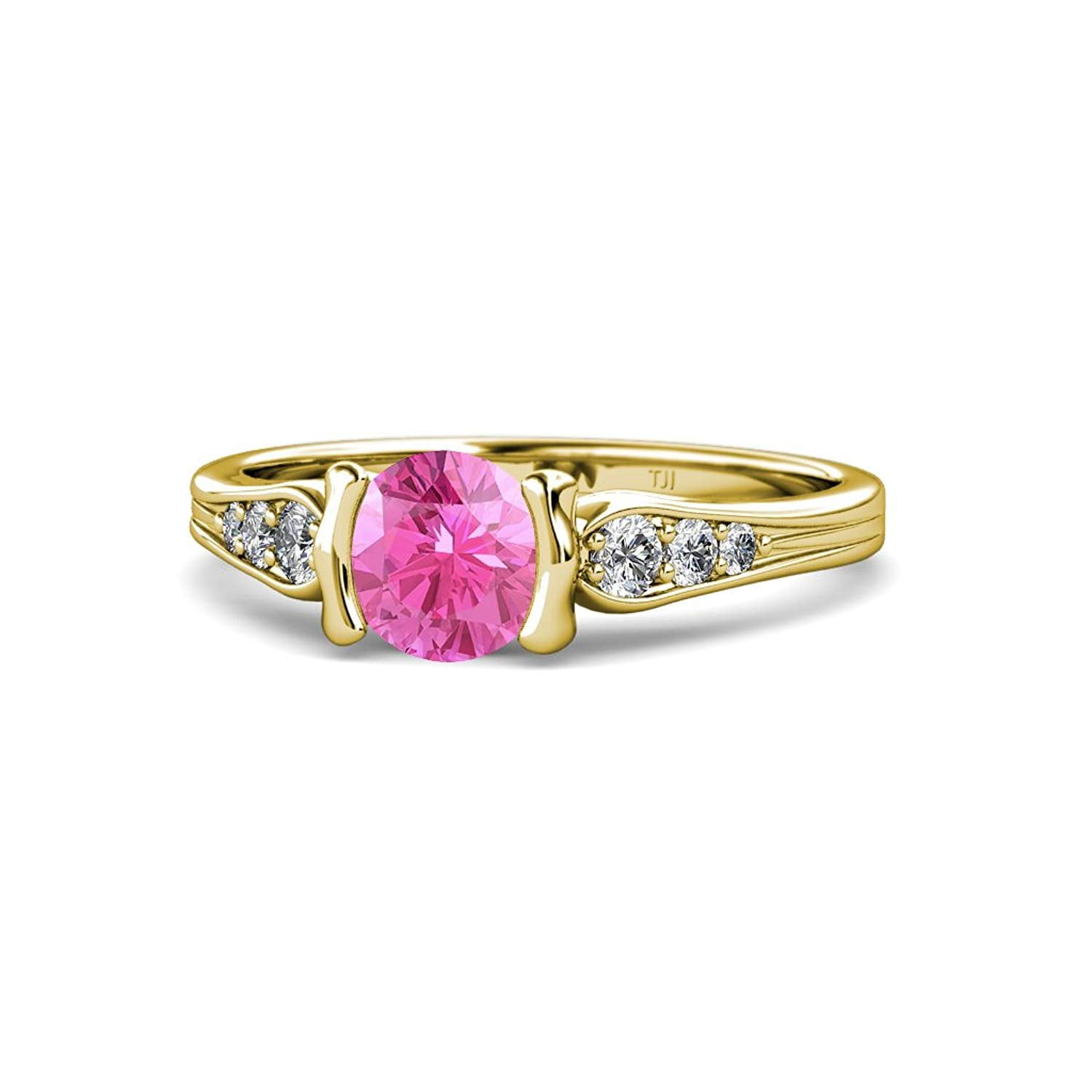 Pink Sapphire and Diamond (SI2-I1, G-H) Half Bezel Engagement Ring 1.26 ct tw in 14K Yellow Gold by TriJewels