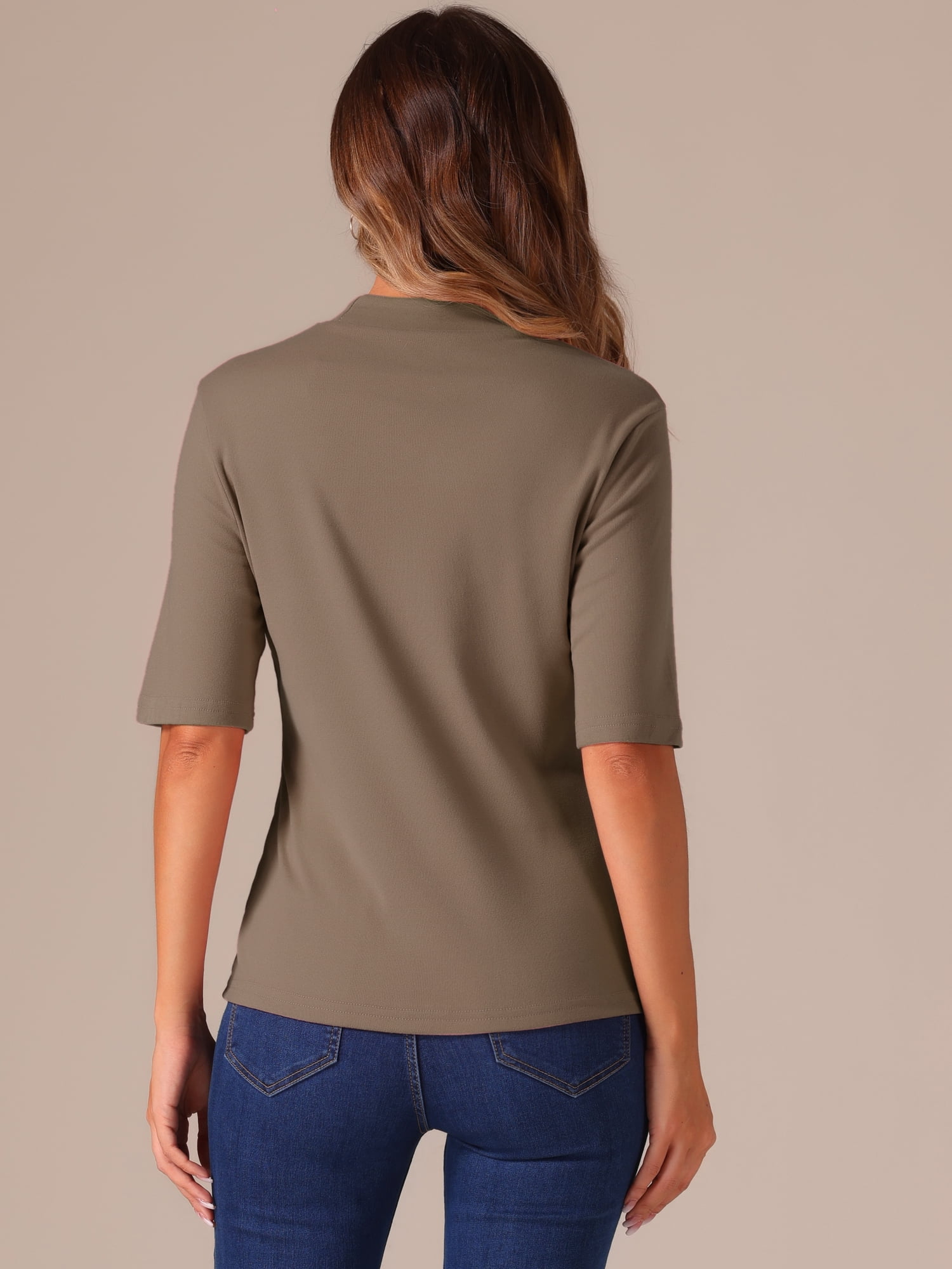 DARING DIVA Women's Half Sleeve Mock Turtleneck Casual Top L Camel