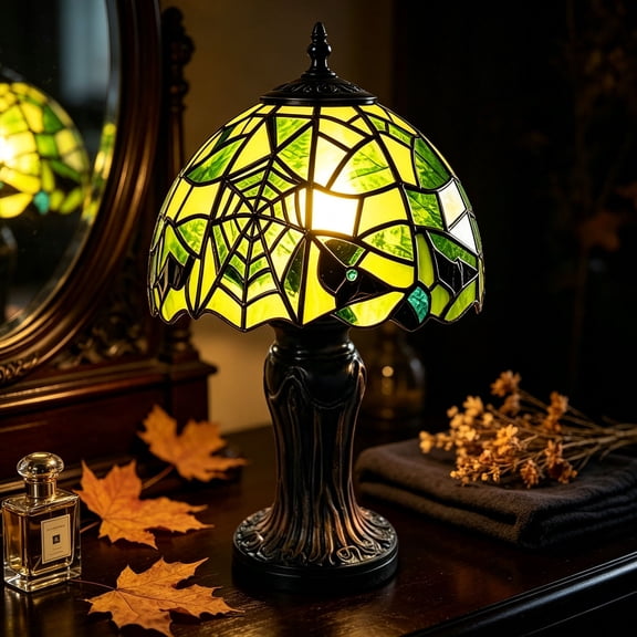 Tiffany-Style Stained Glass Table Lamp, 9.8 Inch Antique Bedside Lamp, Gothic Web Halloween Decor Light with Base for Living Room Study Desk