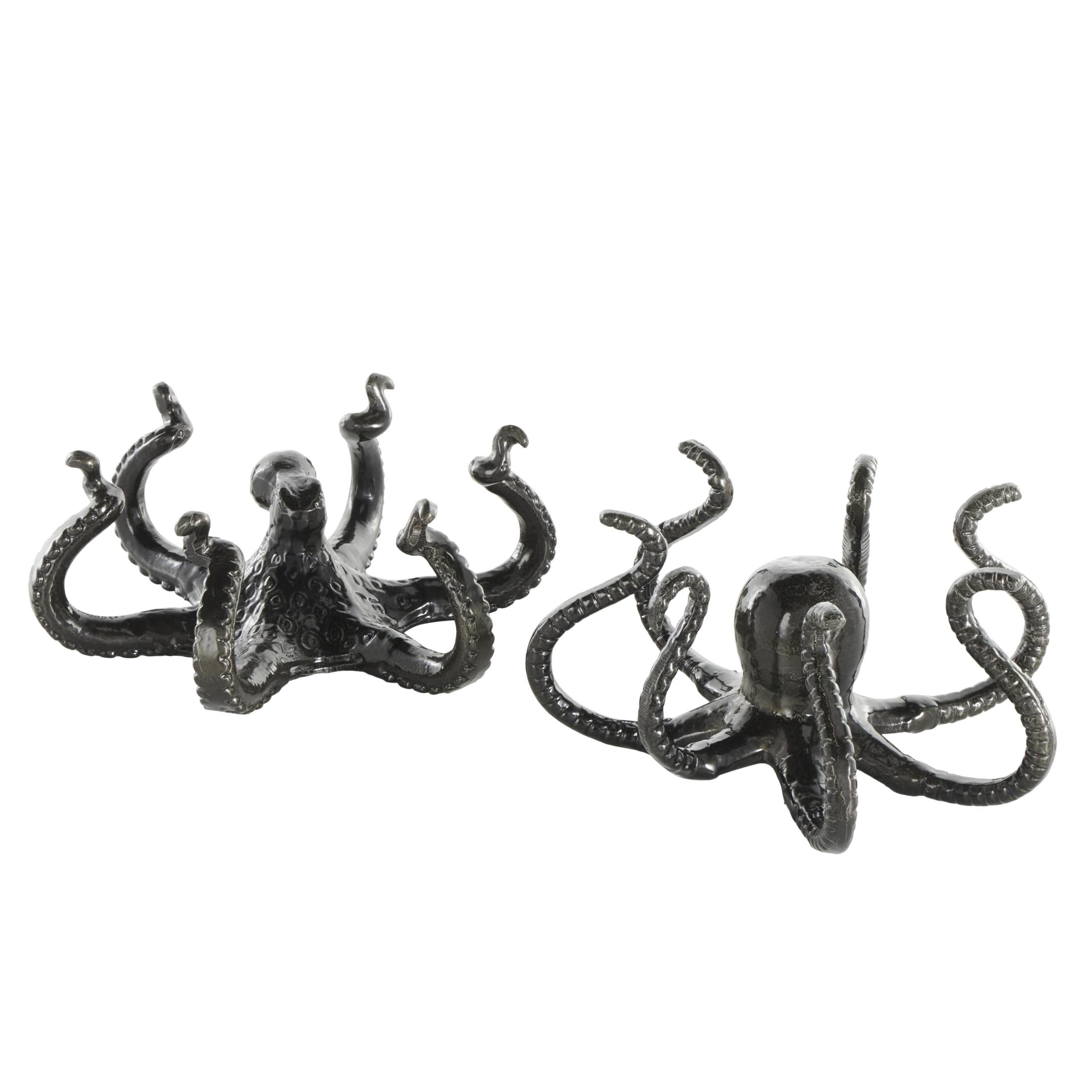 9"W, 4"H Black Aluminum Metal Octopus Sculpture with Splayed Arms, by DecMode (2 Count)