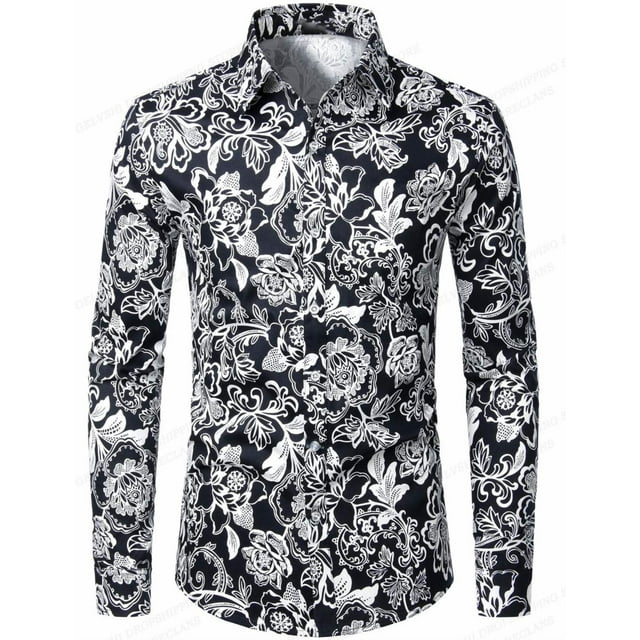 Camisas hawaianas con rosas rojas Camisas con estampado floral Camisas de moda para hombres Blusa de playa de manga larga Blusa blanca Ropa para hombres Voion