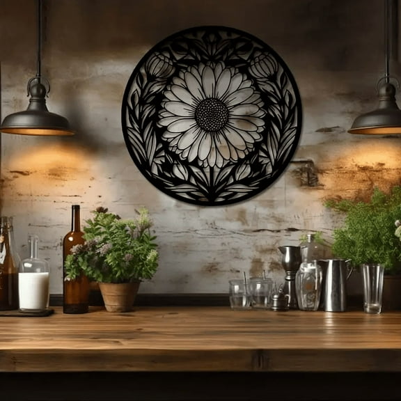 Round Daisy Metal Wall Sculpture, Art Deco Style for Home, Patio & Balcony
