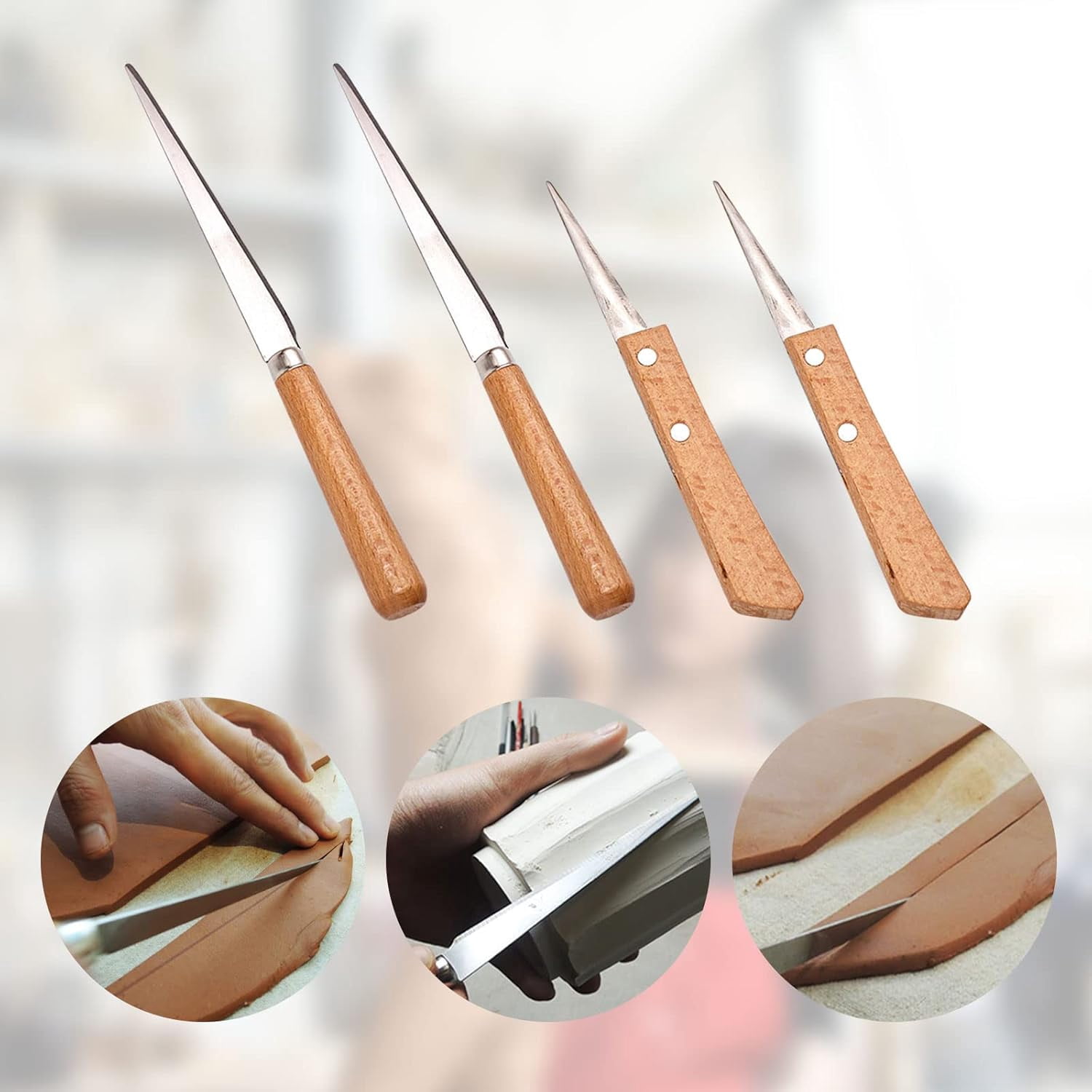 ABCISI 4 Pcs Wooden Handle Fettling Knife, Carving Knife for Woodcrafter Artists DIY Lover, Ceramic Polymer Clay Pottery Craft Art Tools for Pottery Sculpting Ceramic Polymer Clay Carving Modeling