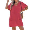 thumbnail image 2 of Swimsuit Coverup for Women Waffle Knit V Neck Short Sleeve Beach Coverup Dress with Pockets Pink L, 2 of 8