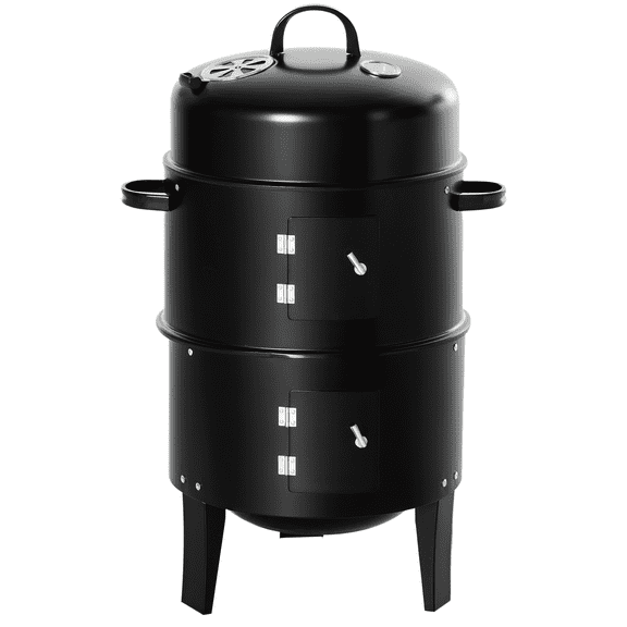 TYUIOP  Vertical Charcoal BBQ Smoker, 3-in-1 16" Round Charcoal Barbecue Grill with 2 Cooking Area, and Thermometer for Outdoor Camping Picnic Backyard Cooking, Black.
