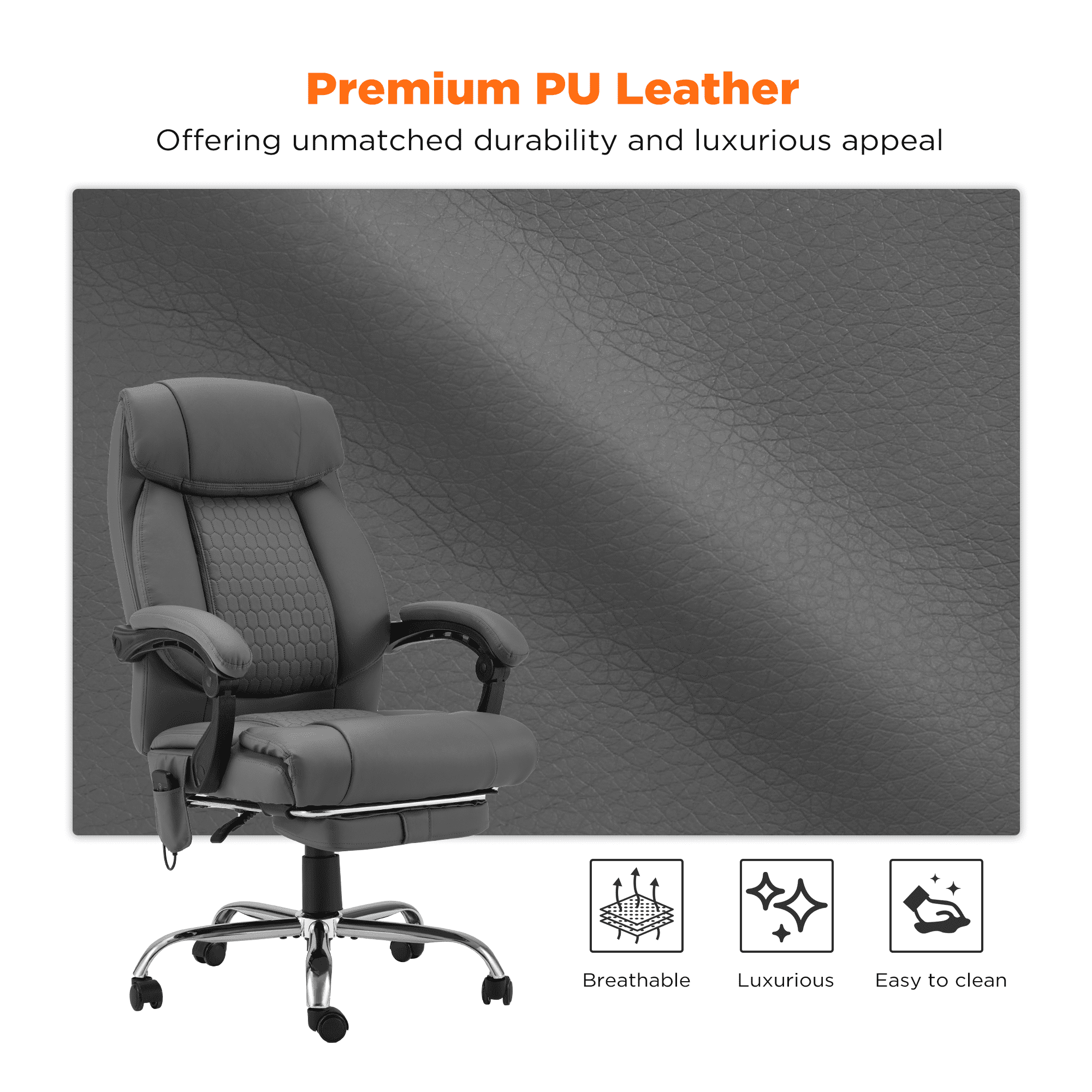 HOMREST  Ergonomic Administrative Office Chair, Heated Massage Lounge Chair with Adjustable Backrest, Foot Pedal, for Home & Office Use, Grey