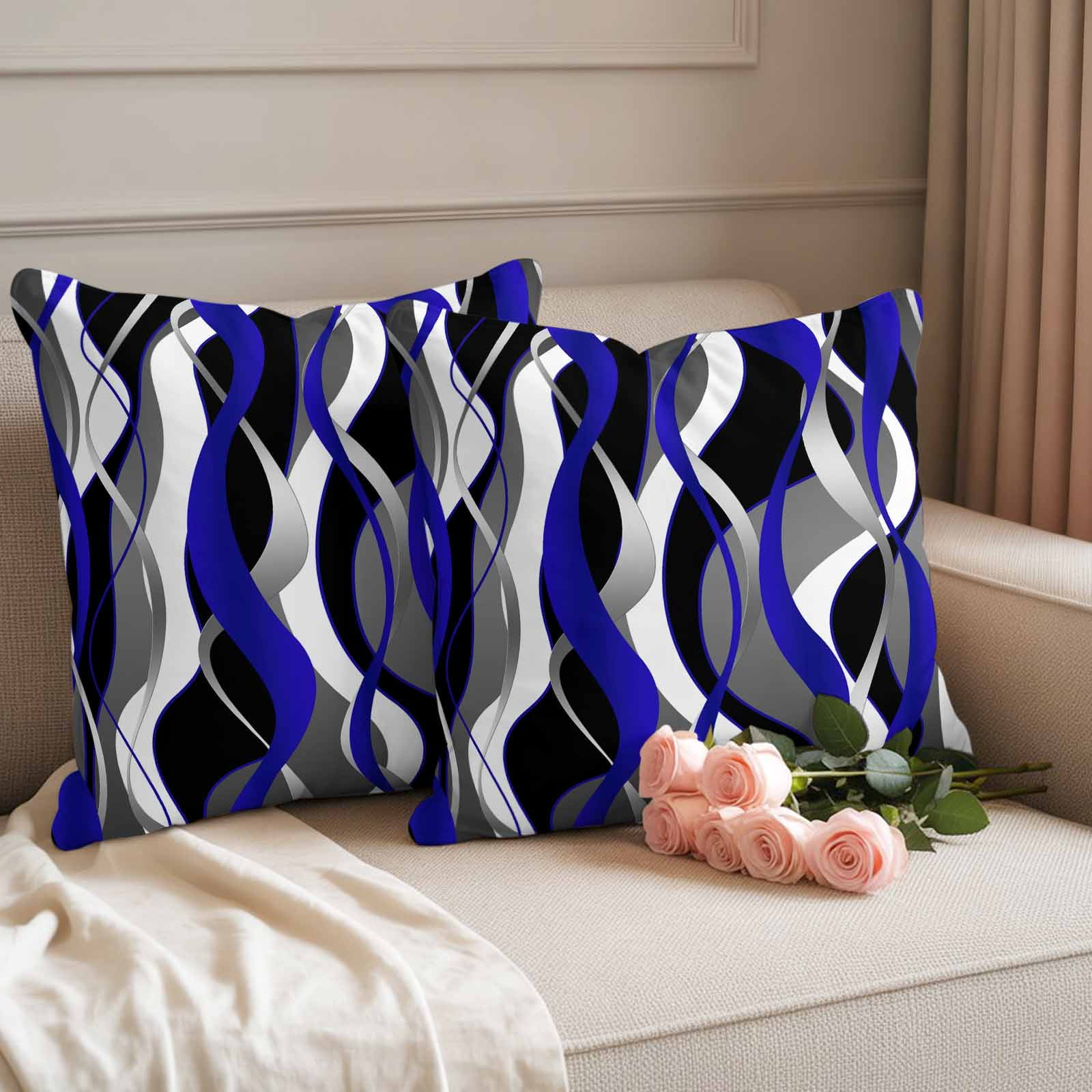Blue Stripe Outdoor Waterproof Pillow Covers, Ombre Grey Moire Geometric Modern Abstract Decorative Square Throw Pillowcase Sofa Cushion Sham for Patio/Couch/Chair, 18"x18" 2 Pack