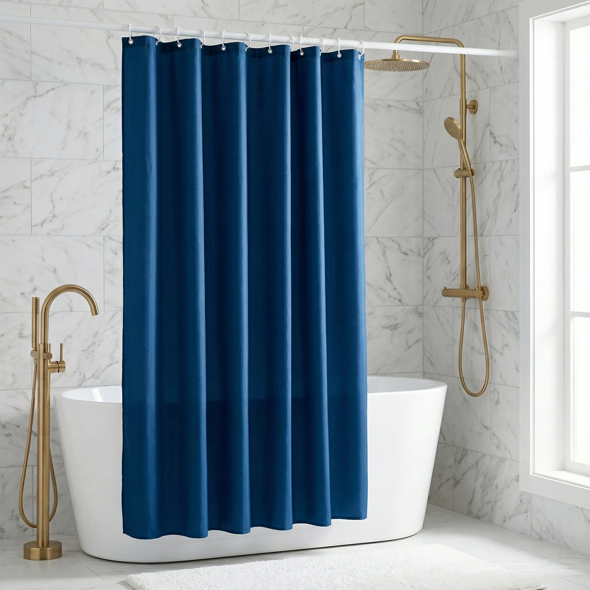 Unique Bargains Solid Polyester Shower Curtain Sets with 12 Hooks Dark Blue 71"W x 71"L