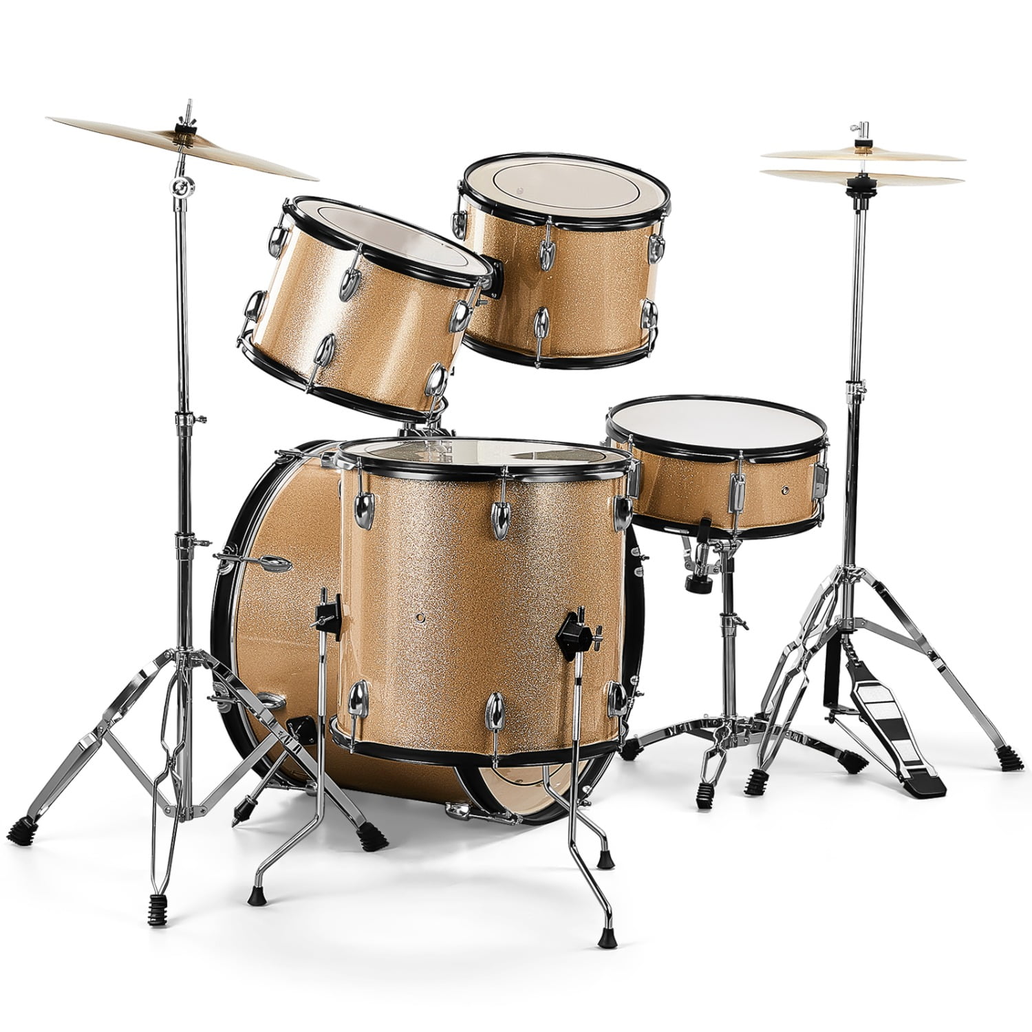 Full Size Adult Drum Set 5-Piece Champagne with Bass Drum, two Tom Drum, Snare Drum, Floor Tom, 16" Ride Cymbal, 14" Hi-hat Cymbals, Stool, Drum Pedal, Sticks