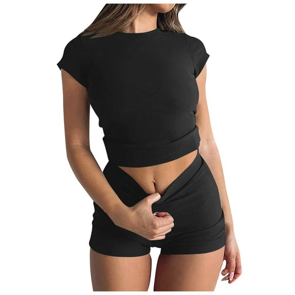 Celivon Workout Sets For Women 2 Piece Workout Sets Short Sleeve Crewneck Crop Tops With High Waist Shorts Sets Yoga Outfits Streetwear Gym Active Wear Outfit
