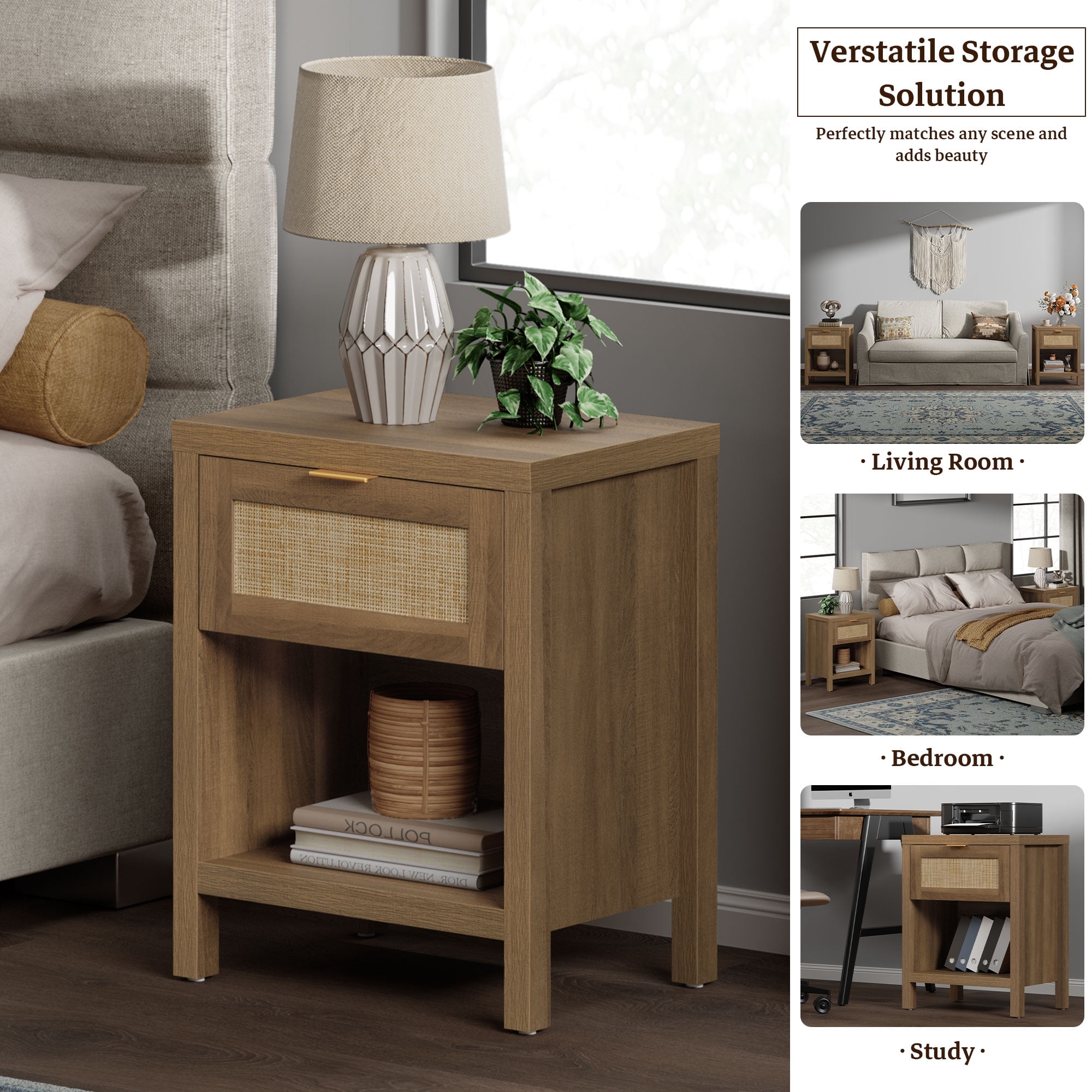 SICOTAS Rattan Nightstands Set of 2 with Drawer and Storage, Bedside Tables