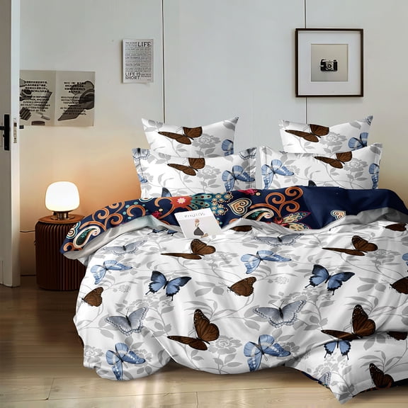 Butterfly Print Comforter Set with Pillowcases & Cushion Covers - Fits US Twin/Full/Queen/King Beds(King 87x93 Inch)