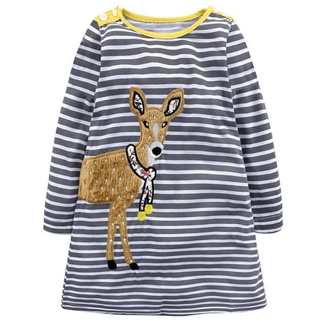 

THE WILD Toddler Dress Cute Striped Animal Print Embroidery O-Neck Long Sleeve Midi Prom Dress Yellow