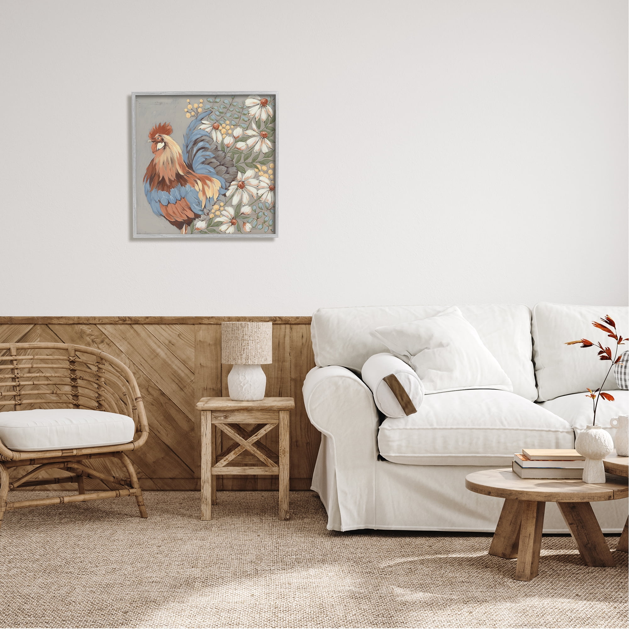 Stupell Industries Country Hen & Daisies Animals & Insects Painting Gray Framed Art Print Wall Art, 24 x 24