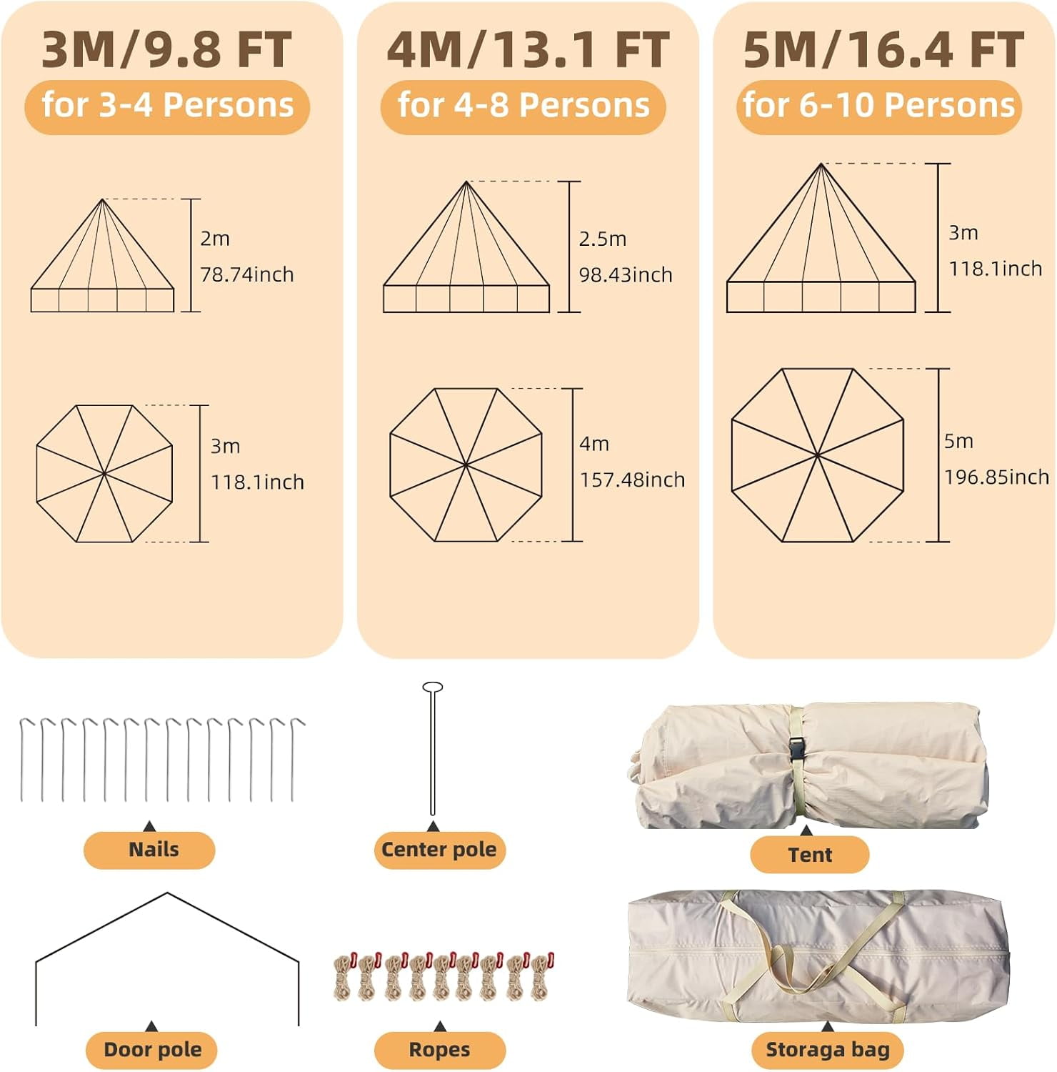 Yoleny Camping Bell Tent, All Season Waterproof Canvas Tent , 3 m/9.8ft Yurt Tent with Stove Jack for 3-4 Person