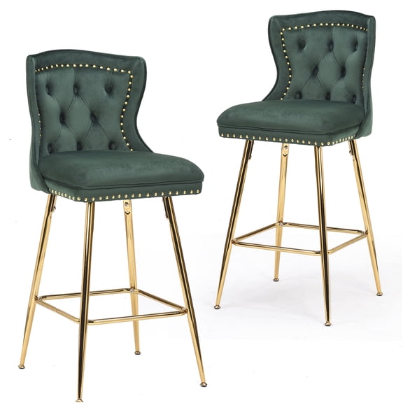 JERFIT Modern Velvet Upholstered Counter Bar Stools Set of 2, Wingback Backrest with Button Tufted and Nailhead Trim, Comfortable Seating for Kitchen Island, Dining Room, Green