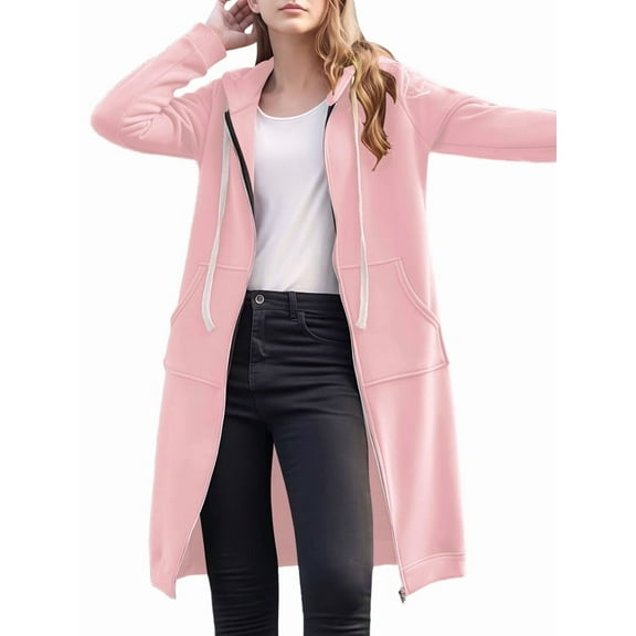 Womens Hoodies Sweatshirts with Zipper Oversized Fashion Long Hooded Fall Winter Jackets with Pockets Pink M