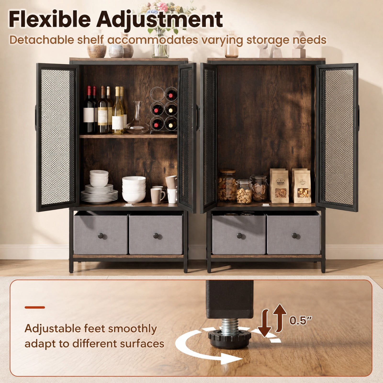 Furnibear Industrial Coffee Bar Cabinet with 2 Tier Open Shelves and 2 Cloth Drawers for Home Kitchen Coffee Station Storage, Rustic Brown