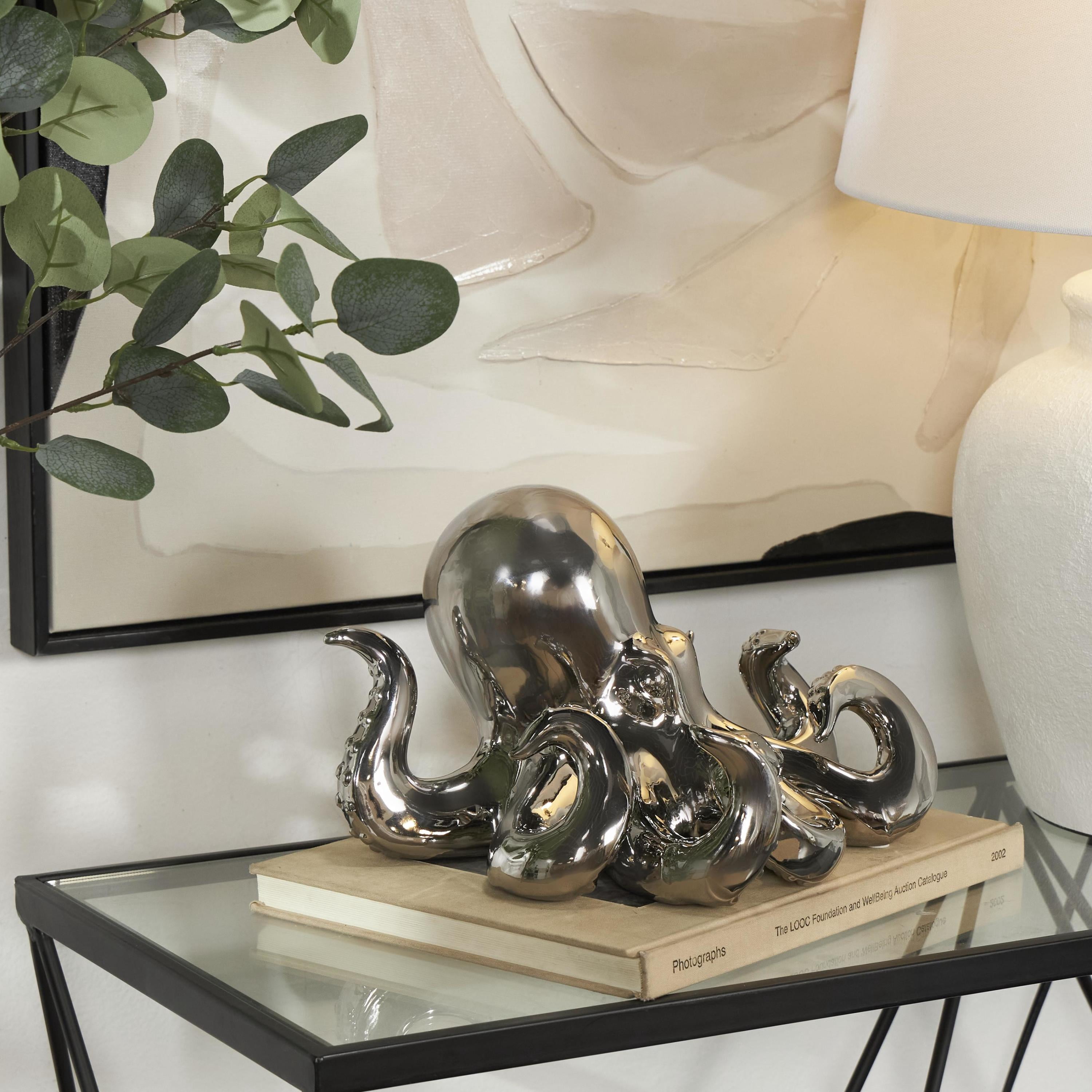 12" x 7" Silver Ceramic Octopus Sculpture with Textured Tentacles, by DecMode